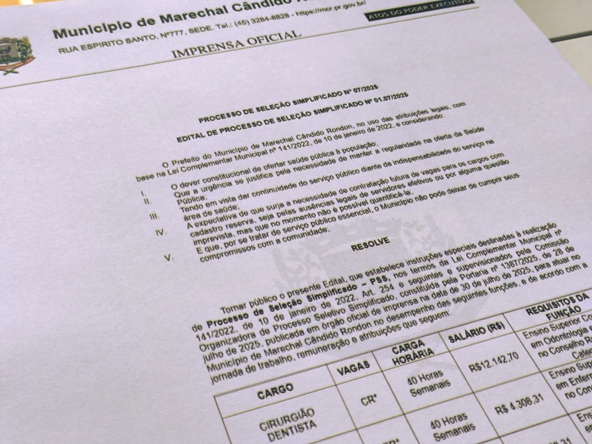 Marechal Rondon abre inscrições para PSS da Saúde com salários de até R$ 30 mil