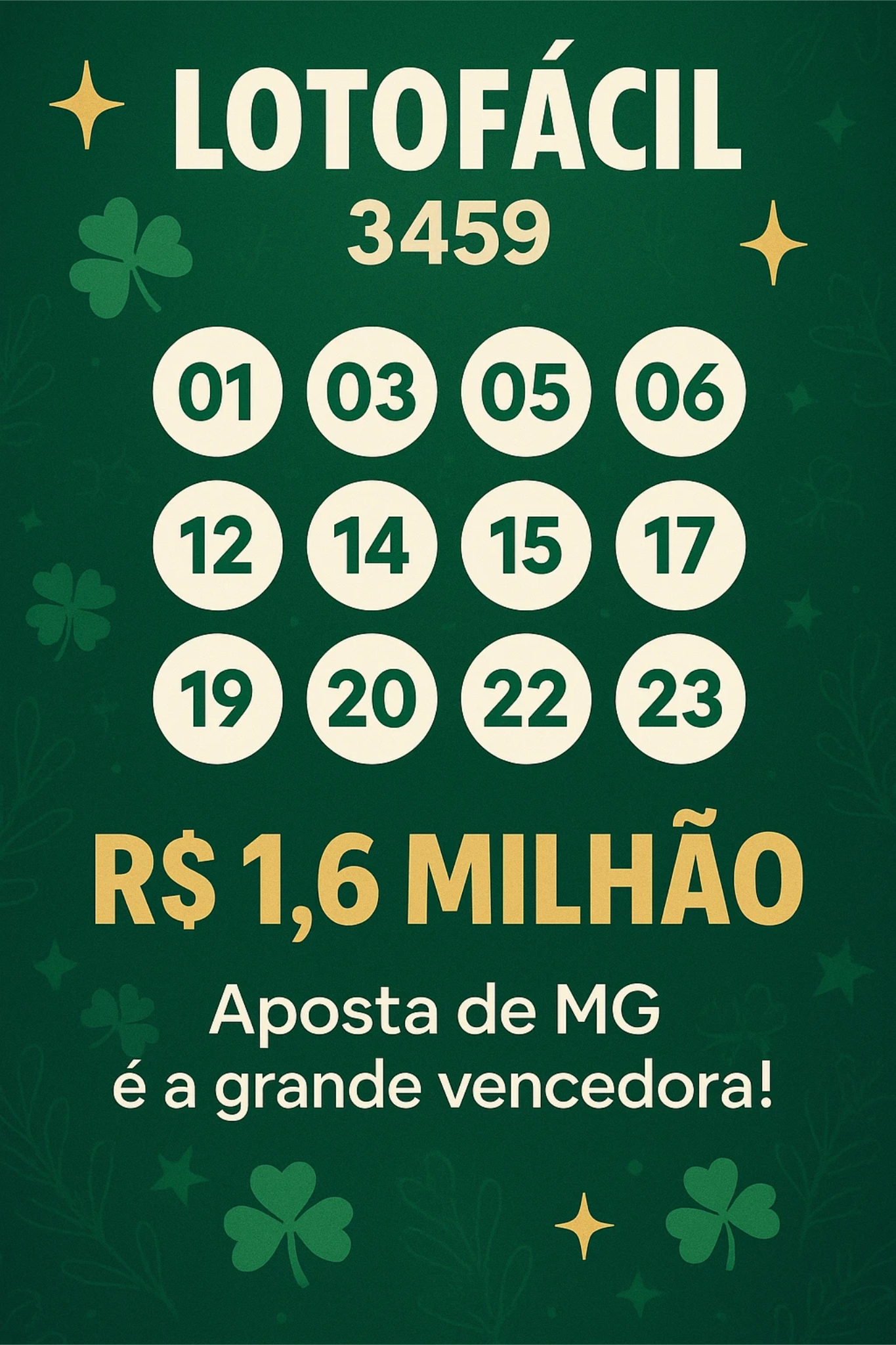 Lotofácil 3459: aposta de MG leva R$ 1,6 milhão; veja os números