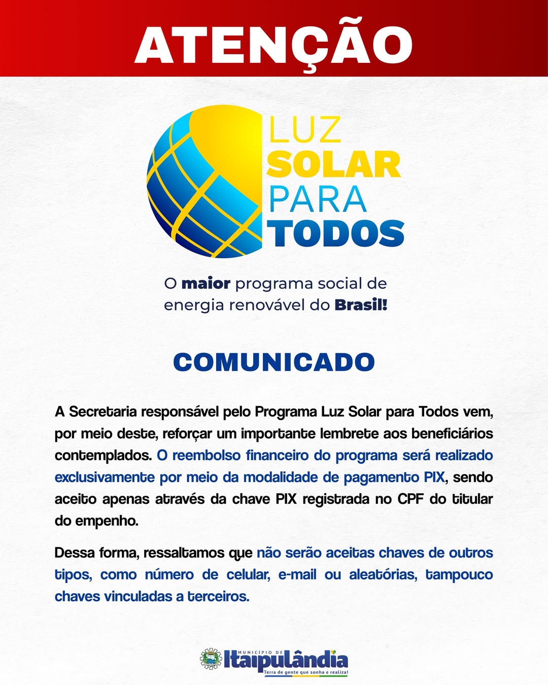 Itaipulândia reforça regra do PIX no Programa Luz Solar para Todos