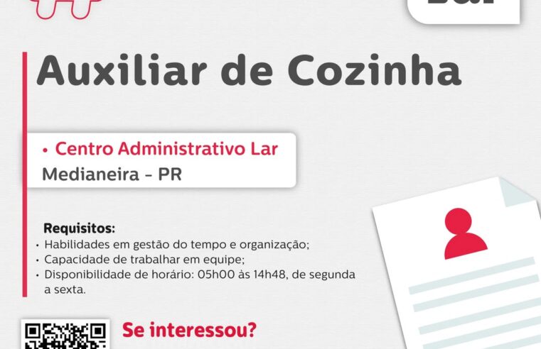 Lar Cooperativa abre vaga para Auxiliar de Cozinha em Medianeira