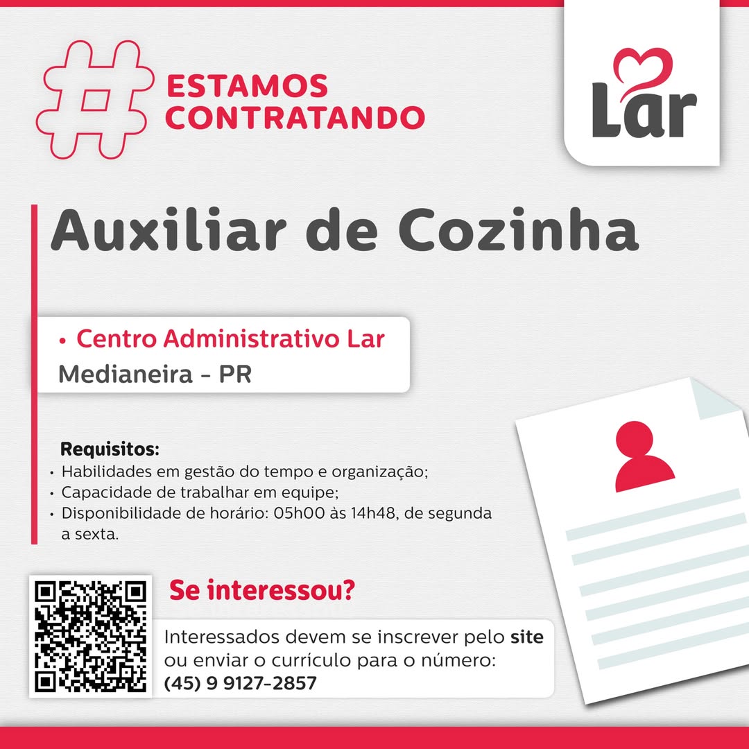 Lar Cooperativa abre vaga para Auxiliar de Cozinha em Medianeira