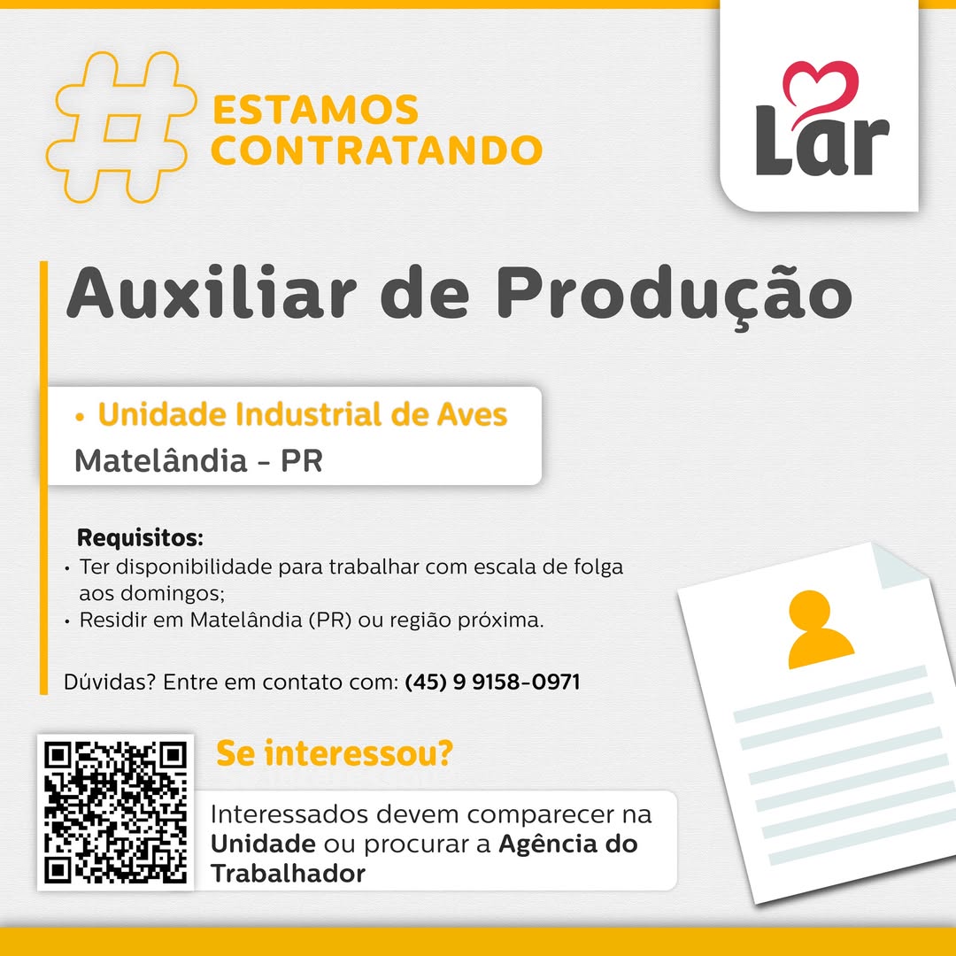 Vaga de Auxiliar de Produção em Matelândia na Lar Cooperativa