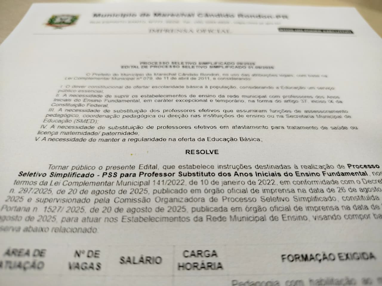 Prefeitura de Marechal Cândido Rondon abre PSS para professor substituto