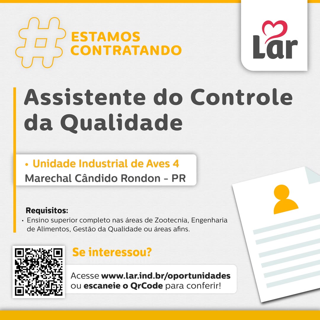 Vaga aberta em Marechal Cândido Rondon: Assistente do Controle da Qualidade