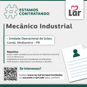 Vaga para Condá, Medianeira (PR)

Oportunidade para Mecânico Industrial, na Unidade Operacional de Grãos 

Se interessou? 

Inscrições através do port