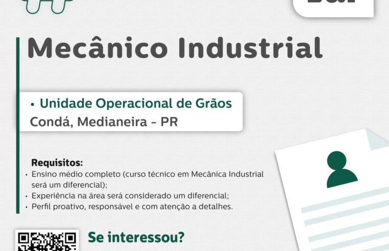 Vaga para Mecânico Industrial em Medianeira na Lar Cooperativa