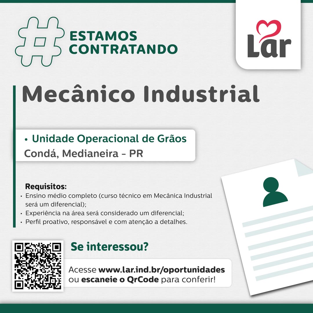 Vaga para Mecânico Industrial em Medianeira na Lar Cooperativa
