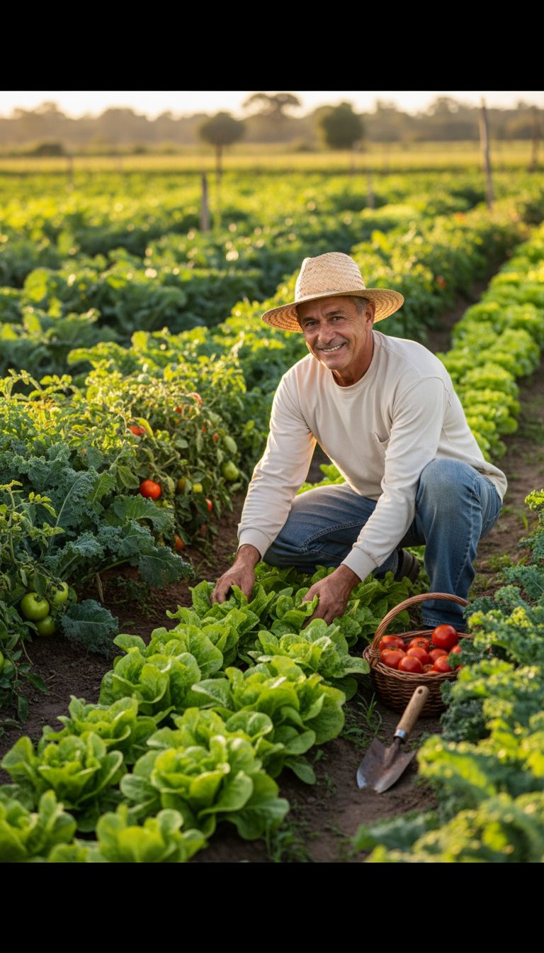 Agricultor brasileiro sorridente cuidando de horta verdejante pessoa