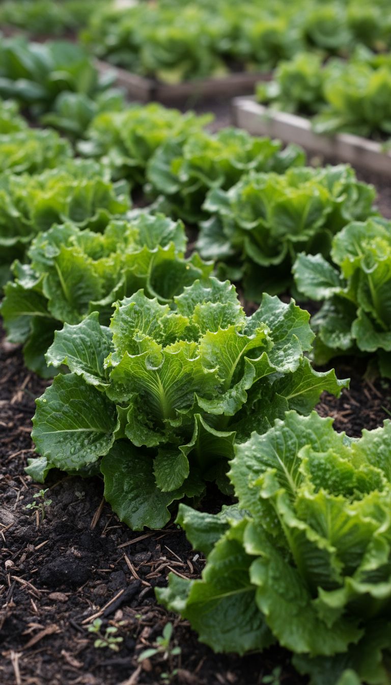 Alfaces frescas verdes no canteiro folhas bem formadas e crespas terra escura mida horta orgnica luz natural suave