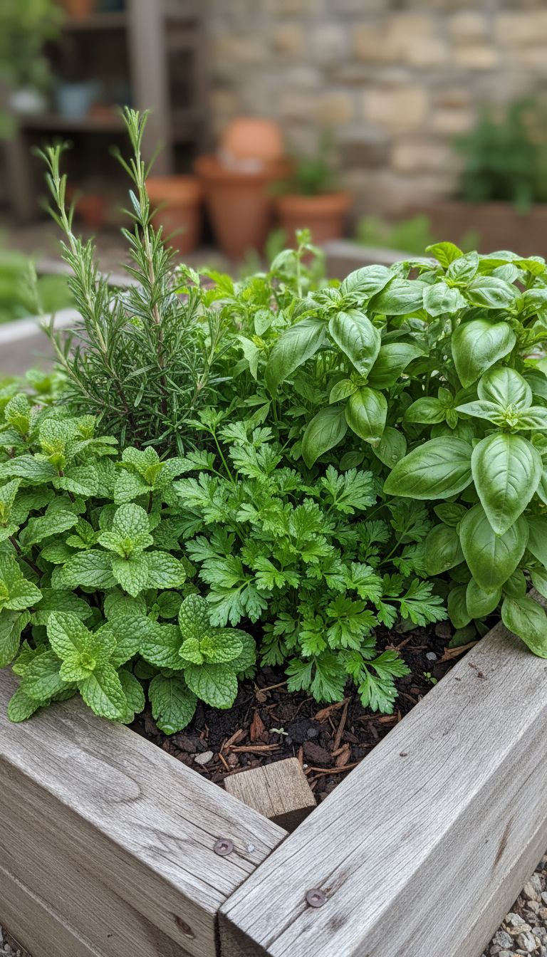 Canteiro com hortel alecrim salsa e manjerico plantados juntos ervas aromticas variadas folhas verdes diferentes