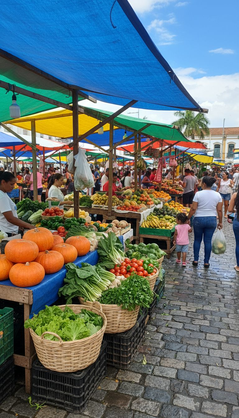 Feira livre brasileira colorida bancas com abboras laranja cestas com verduras frescas alfaces tomates ambiente vibrante pessoas comprando