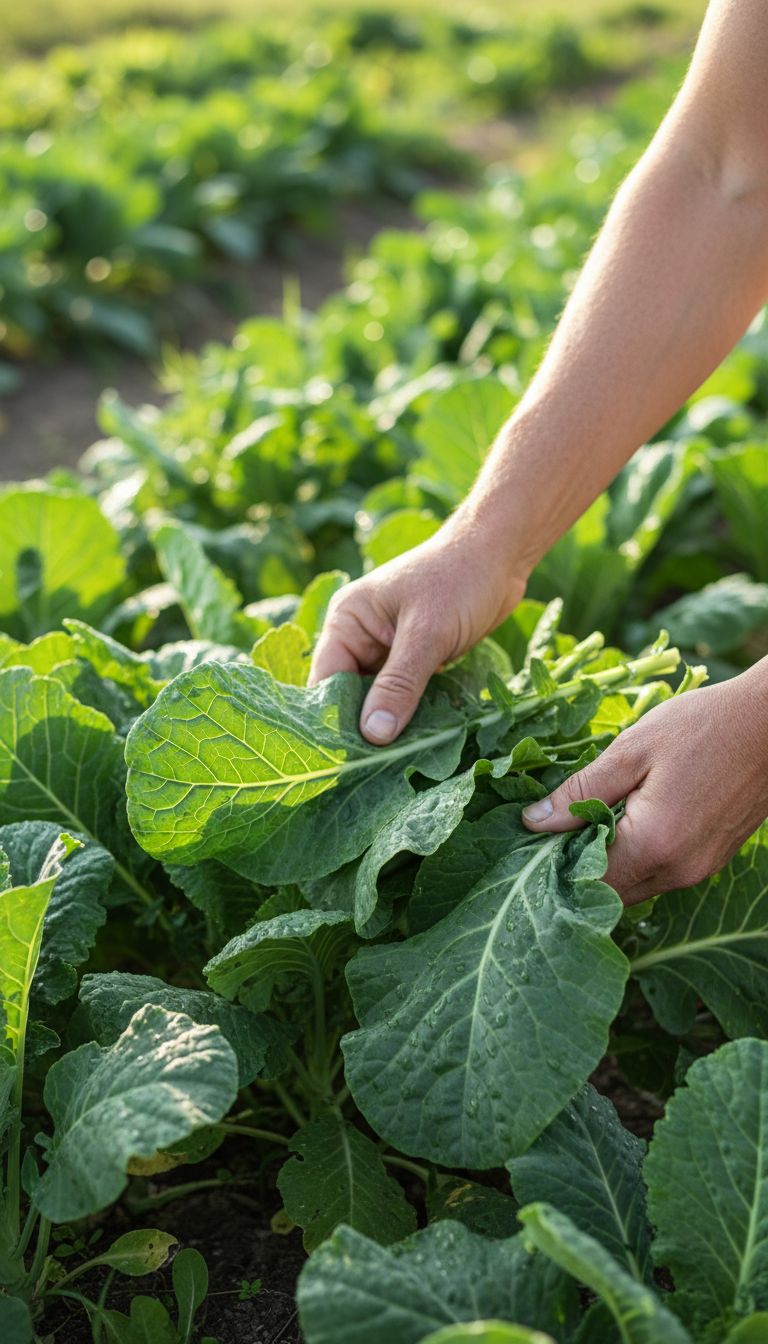 Mos colhendo folhas de couve verde couve manteiga fresca dedos segurando as folhas delicadamente canteiro ao fundo agricultura familiar