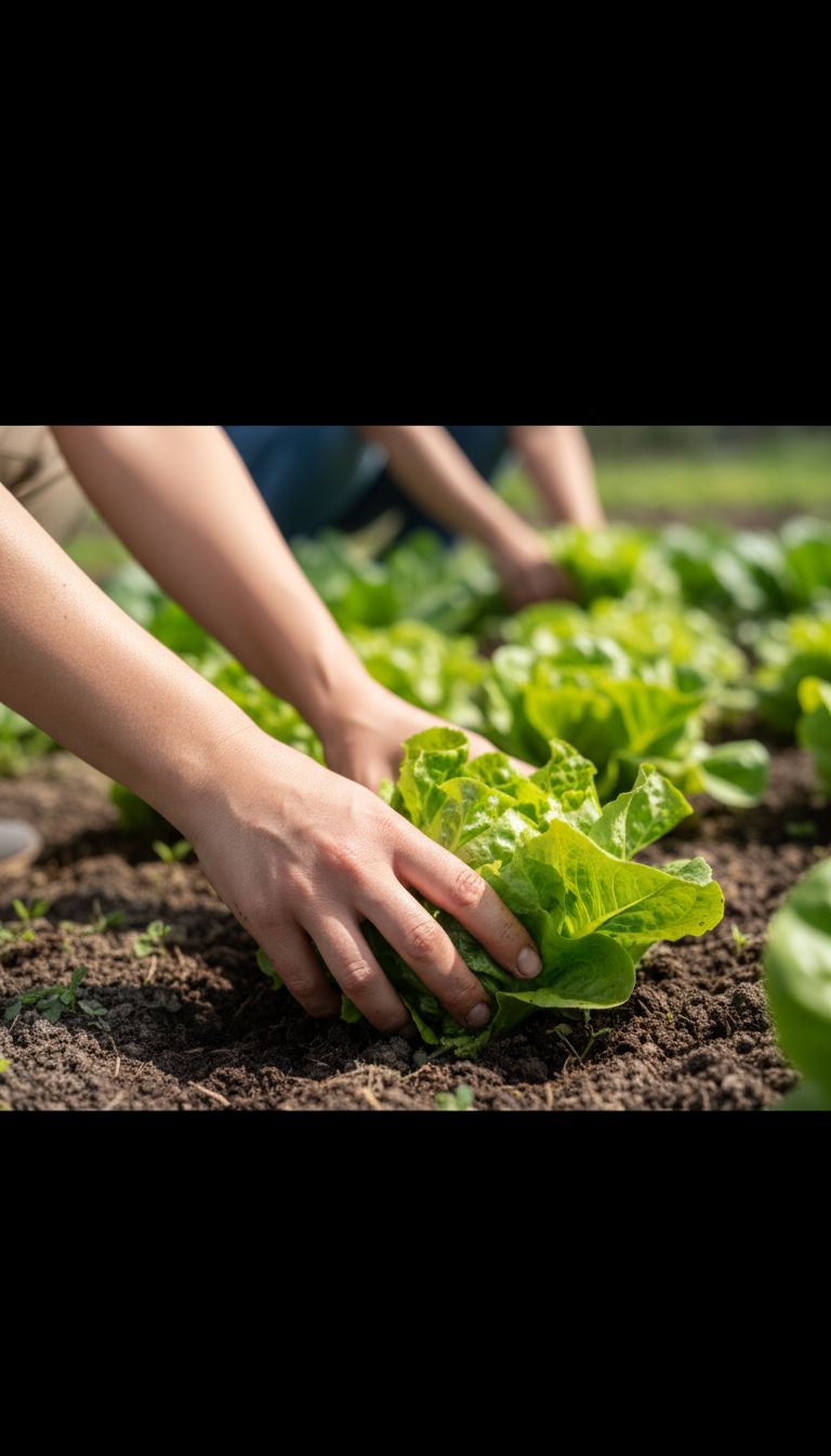 Mos delicadas colhendo verduras frescas alface sendo colhida do canteiro terra nas unhas agricultura familiar