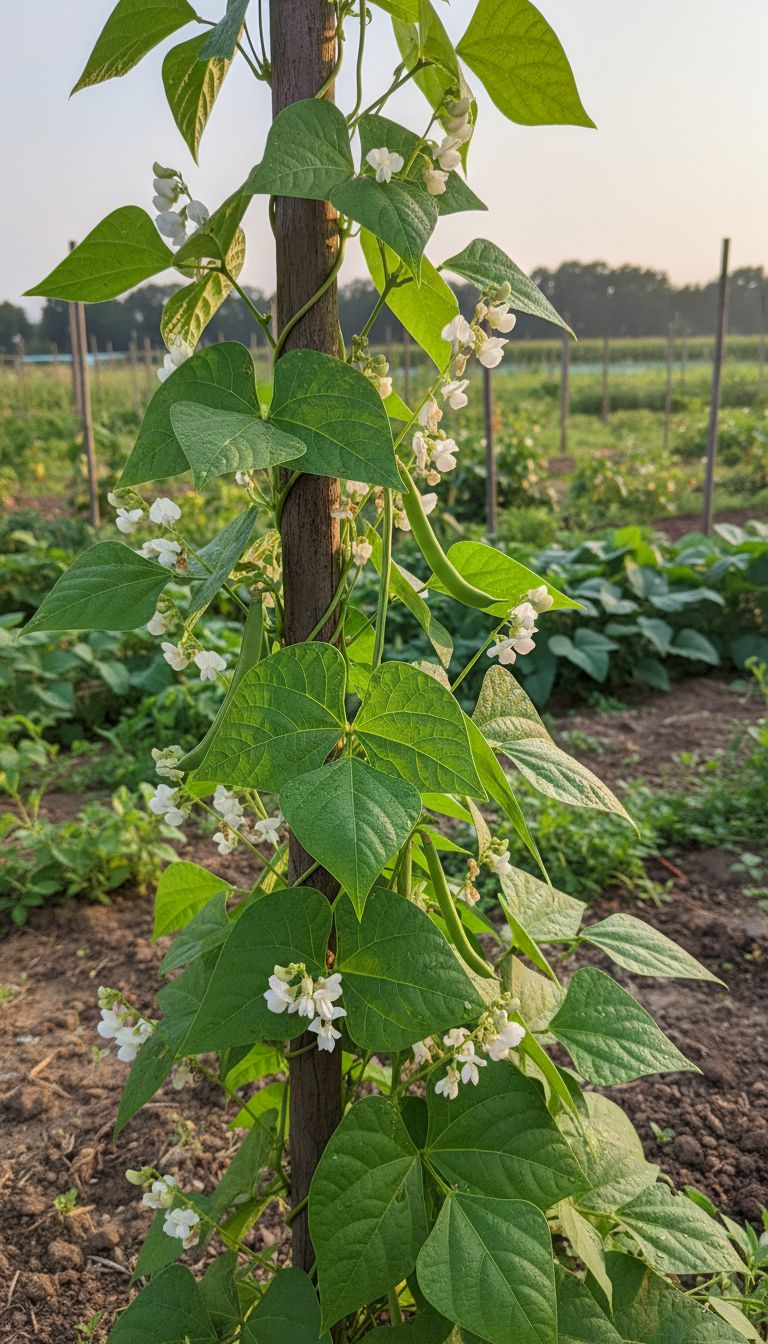 P de feijo com flores brancas pequenas e vagens verdes jovens folhas em formato de corao agricultura familiar