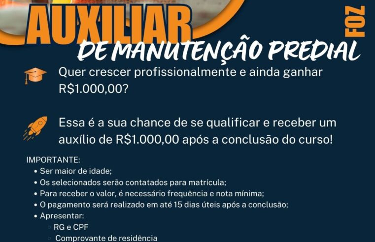 Curso gratuito de manutenção predial em Foz oferece auxílio de R$ 1.000