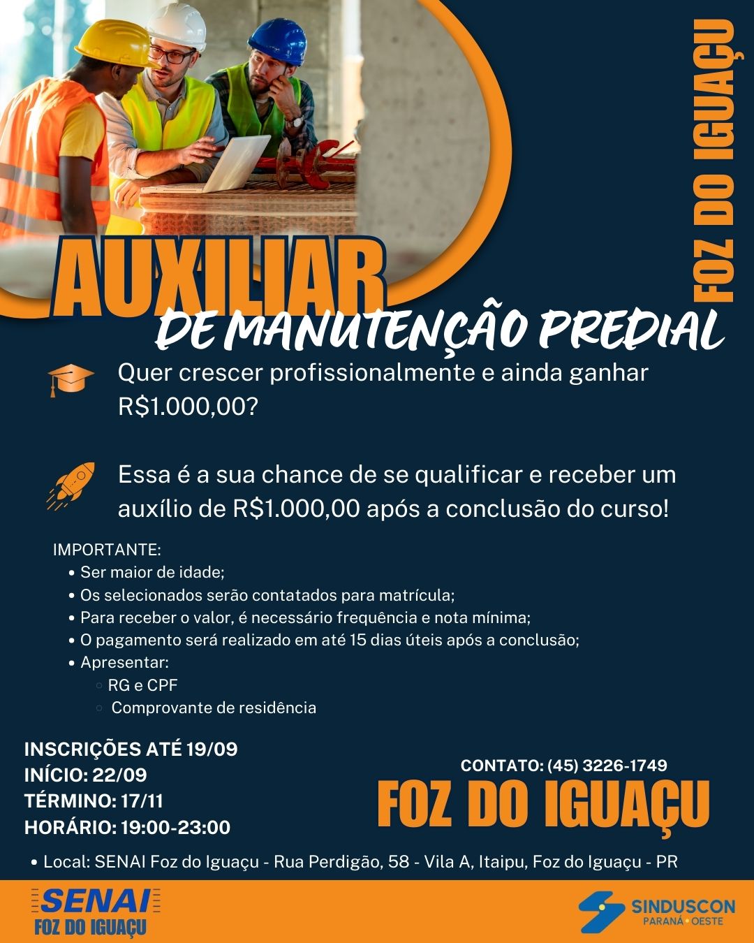 Curso gratuito de manutenção predial em Foz oferece auxílio de R$ 1.000