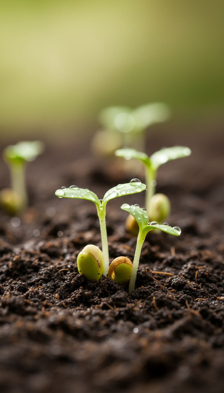 Sementes germinando na terra preta frtil brotos verdes pequenos emergindo do solo gotas de orvalho luz suave conceito de renovao e plantio fotografia macro artstica