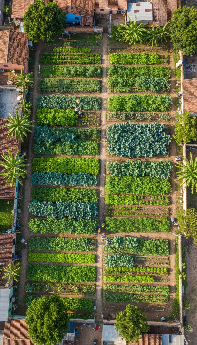Vista area de horta comunitria brasileira diversos canteiros organizados com diferentes hortalias alfaces verdes tomateiros couves cenouras quintal produtivo cores vibrantes fotografia area