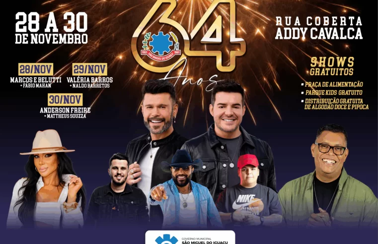 São Miguel do Iguaçu celebra 64 anos com shows nacionais gratuitos