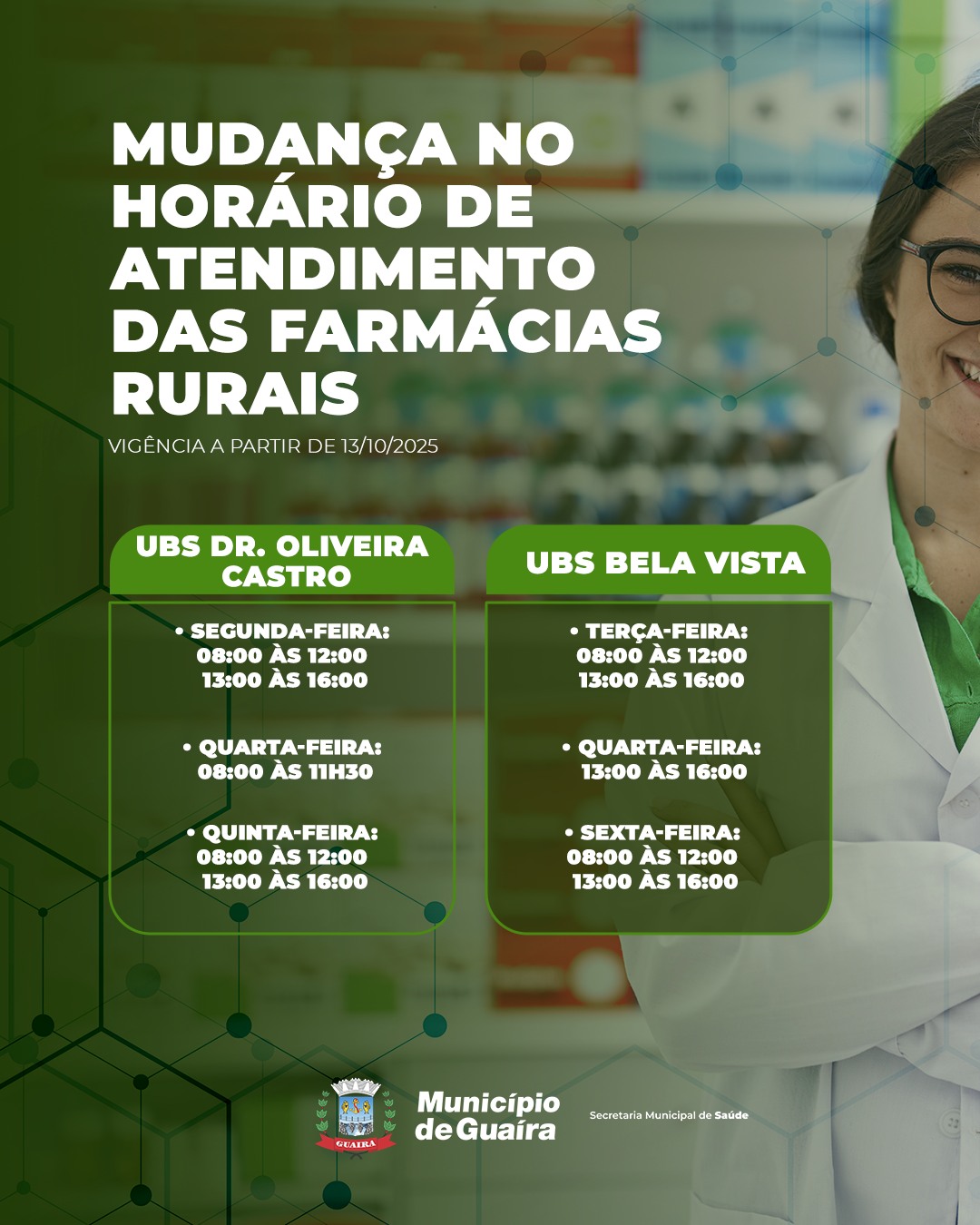 Novos horários das farmácias UBS de Guaíra começam em 13 de outubro