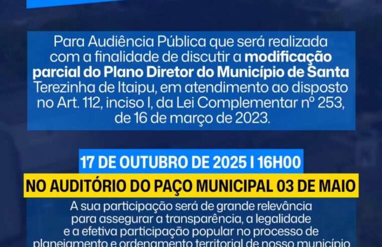 Audiência Pública discutirá Plano Diretor em Santa Terezinha de Itaipu