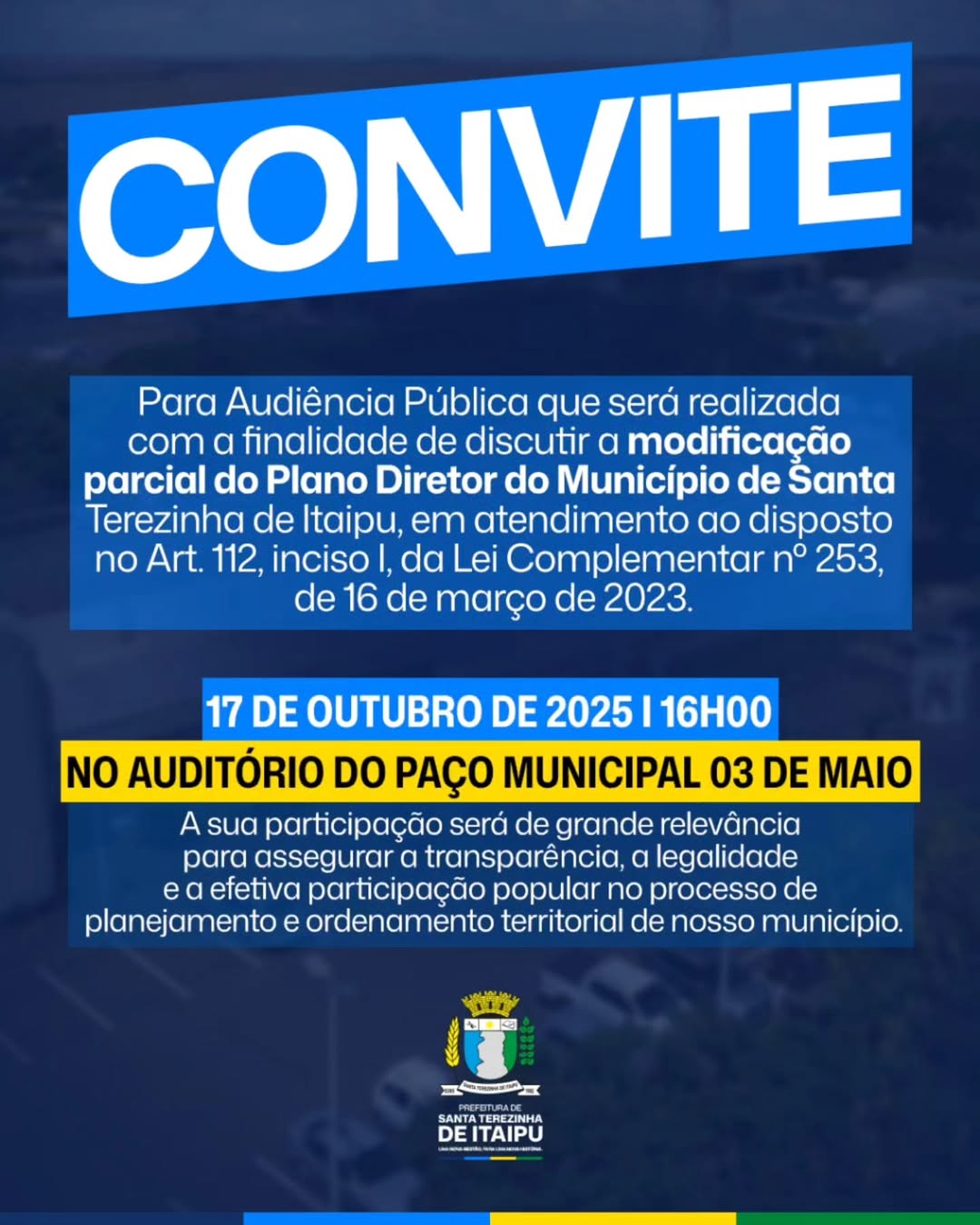 Audiência Pública discutirá Plano Diretor em Santa Terezinha de Itaipu