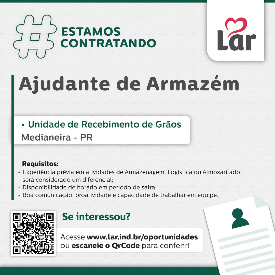 Vaga para Ajudante de Armazém na Lar Cooperativa em Medianeira