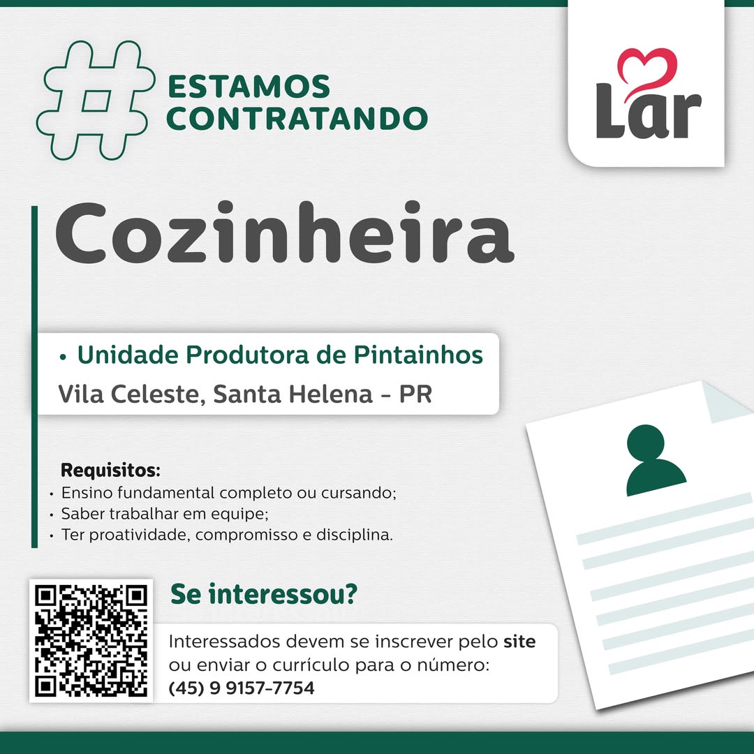 Vaga para Cozinheira em Vila Celeste – Santa Helena