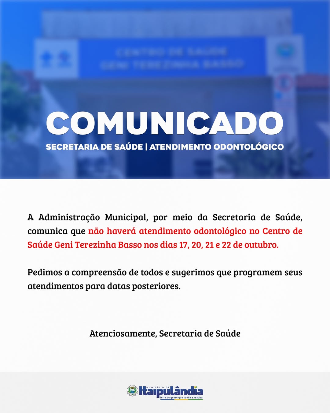 Saúde de Itaipulândia divulga novo horário de atendimento odontológico
