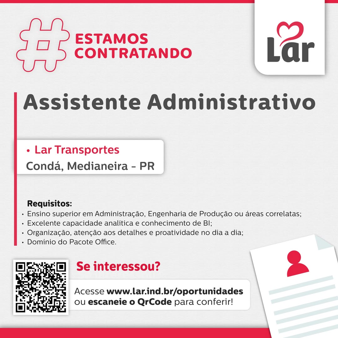 Vaga em Medianeira: Assistente Administrativo no Lar Transportes