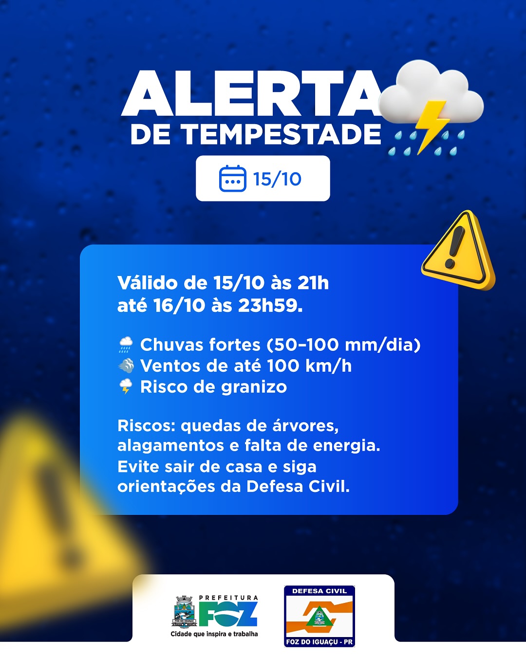 Alerta de tempestade em Foz do Iguaçu nos dias 15 e 16 de outubro