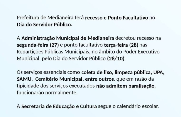 Recesso e ponto facultativo em Medianeira nos dias 27 e 28 de outubro