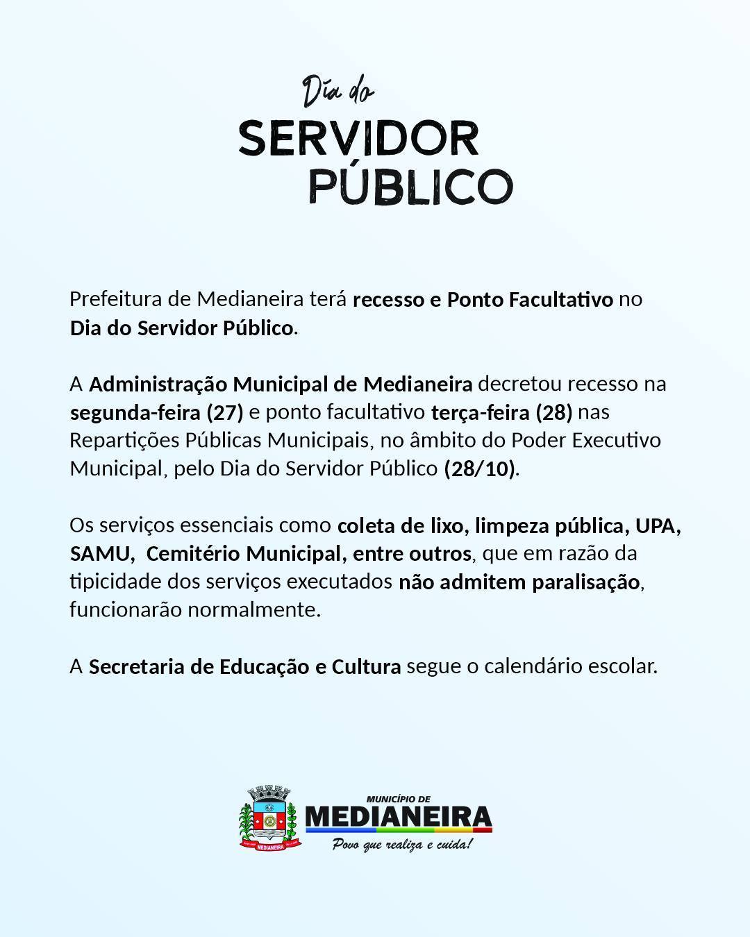 Recesso e ponto facultativo em Medianeira nos dias 27 e 28 de outubro