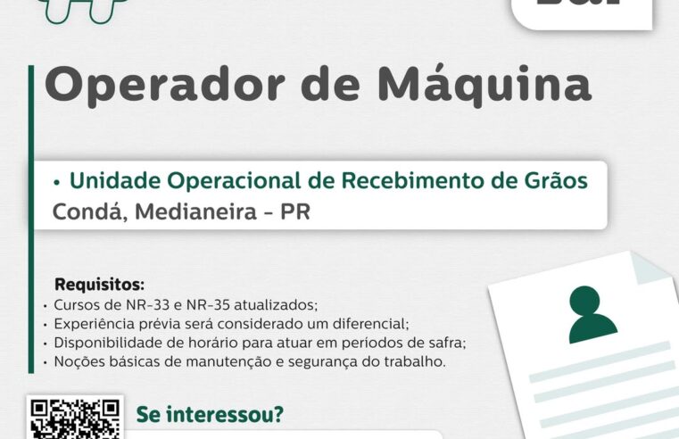Vaga em Medianeira: Operador de Máquina na Lar Cooperativa