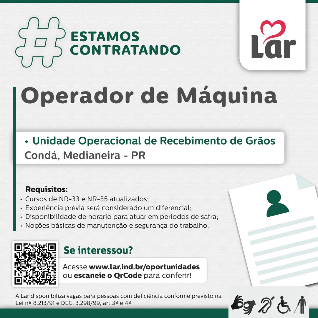 Vaga em Medianeira: Operador de Máquina na Lar Cooperativa