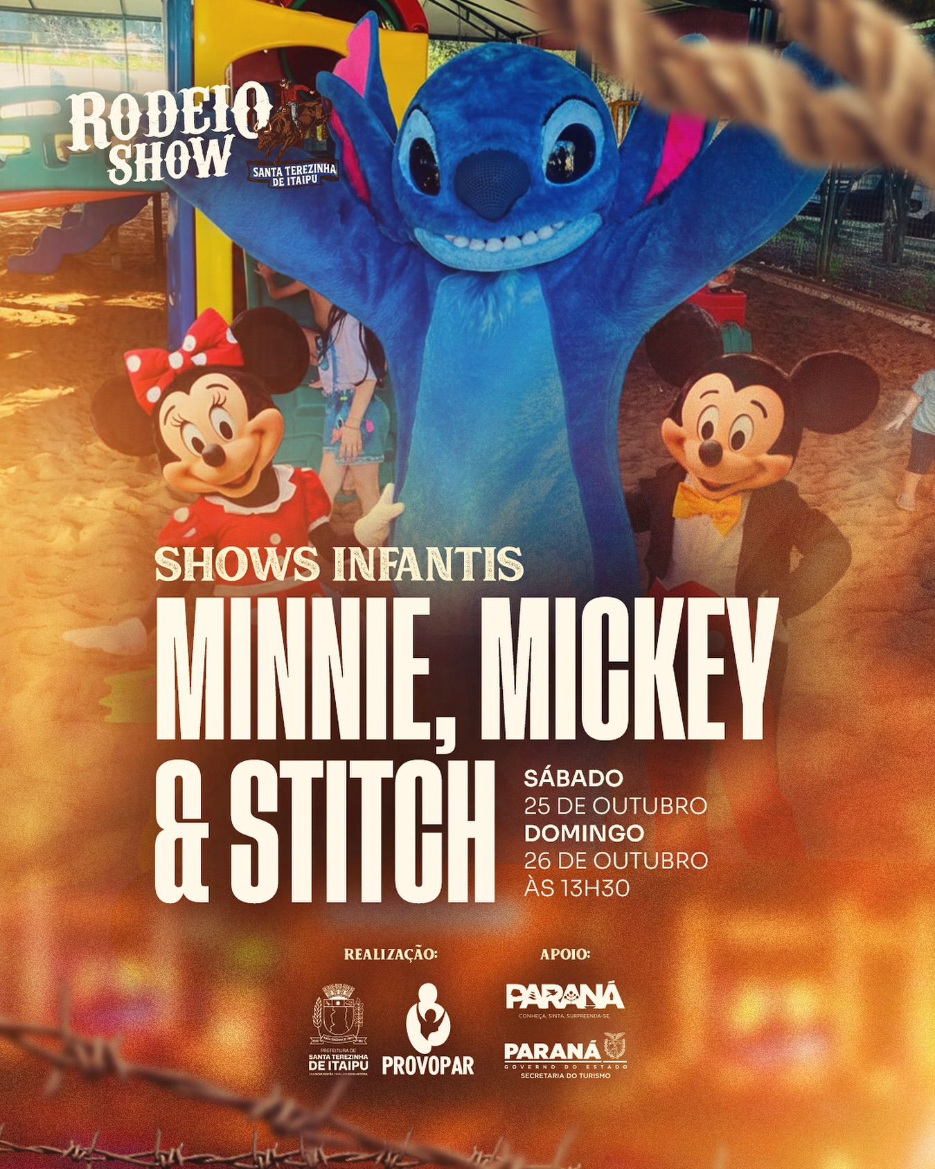 Shows infantis com Mickey, Minnie e Stitch animam Rodeio Show em Santa Terezinha