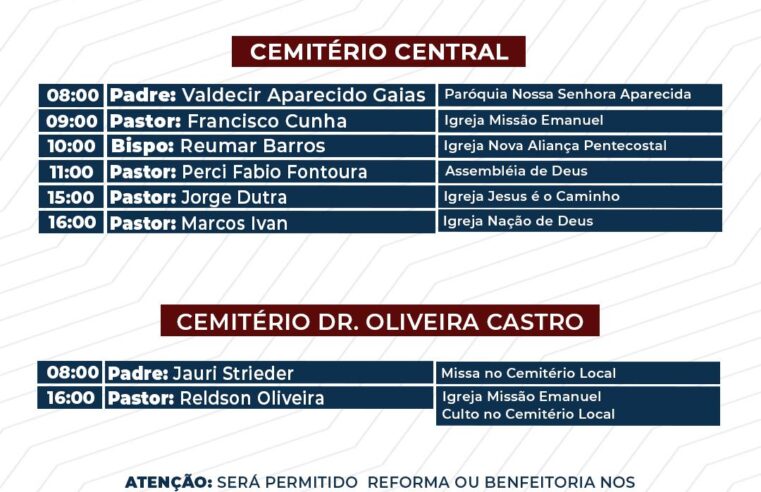 Dia de Finados em Guaíra terá celebrações religiosas nos cemitérios