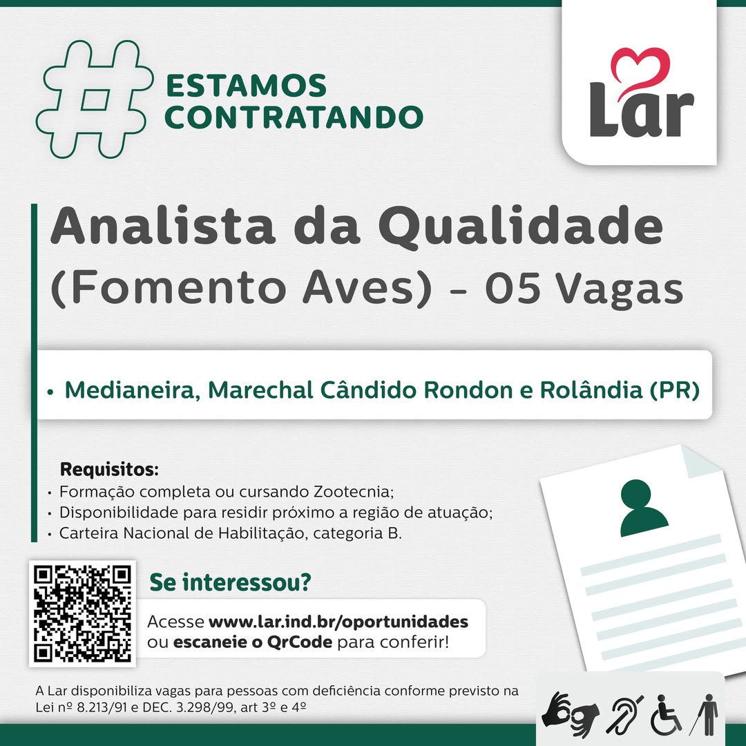 Lar Cooperativa abre 5 vagas para Analista da Qualidade no Paraná 2 Vagas Analista da Qualidade Lar Cooperativa