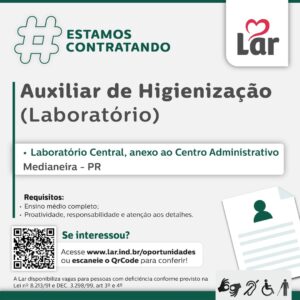 Vaga para Medianeira (PR)

Oportunidade para Auxiliar de Higienização (Laboratório), no Laboratório Central, anexo ao Centro Administrativo. 

Se inte