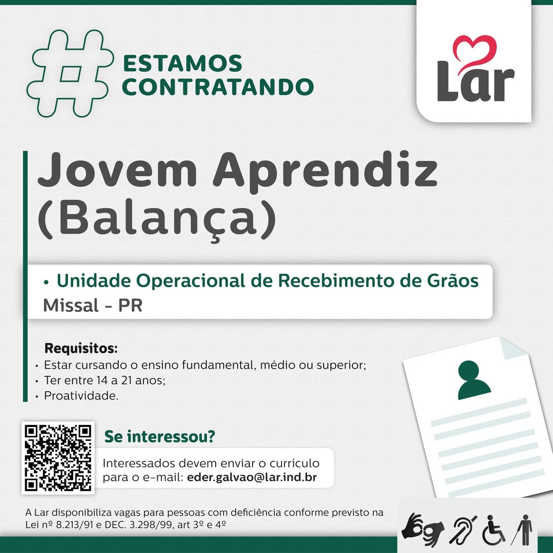 Lar Cooperativa abre vaga para Jovem Aprendiz em Missal