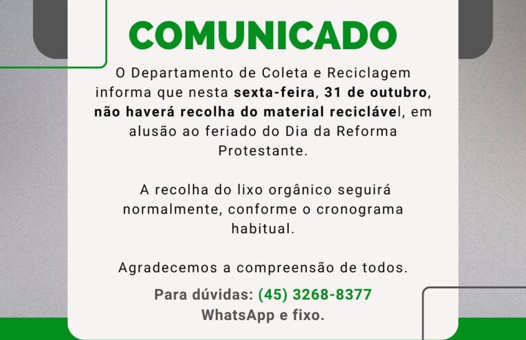 Santa Helena: coleta de recicláveis não ocorrerá no feriado 1 Santa Helena: coleta de recicláveis não ocorrerá no feriado