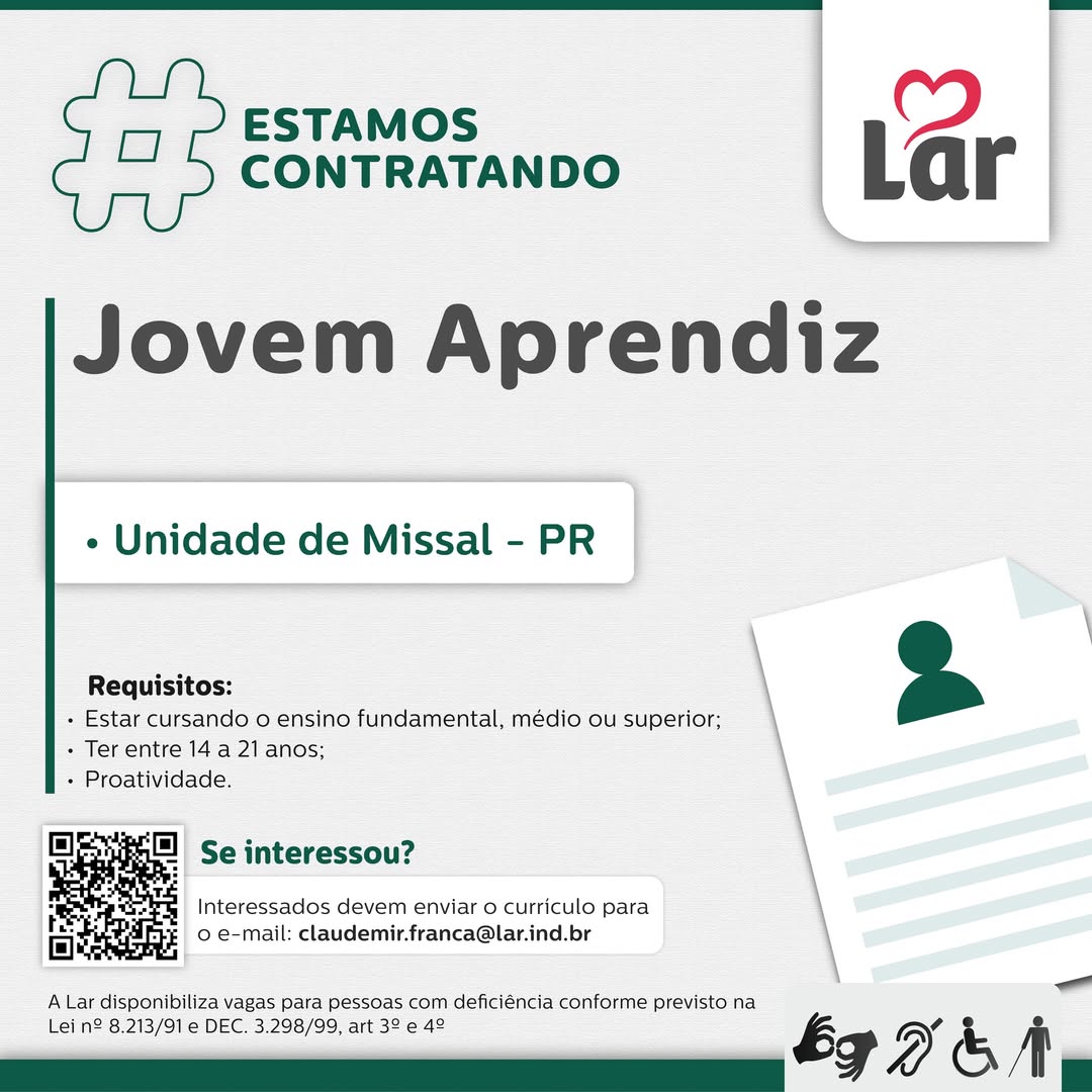 Vaga para Jovem Aprendiz na Lar Cooperativa em Missal 2 Vaga para Jovem Aprendiz na Lar Cooperativa em Missal