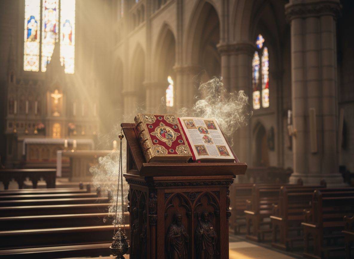 Catholic ambo lectern with ornate Book of the Gospels