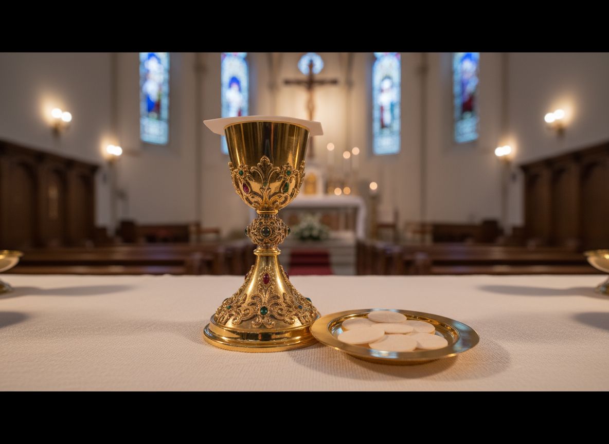 Catholic chalice and paten on altar golden sacred vessels white alta