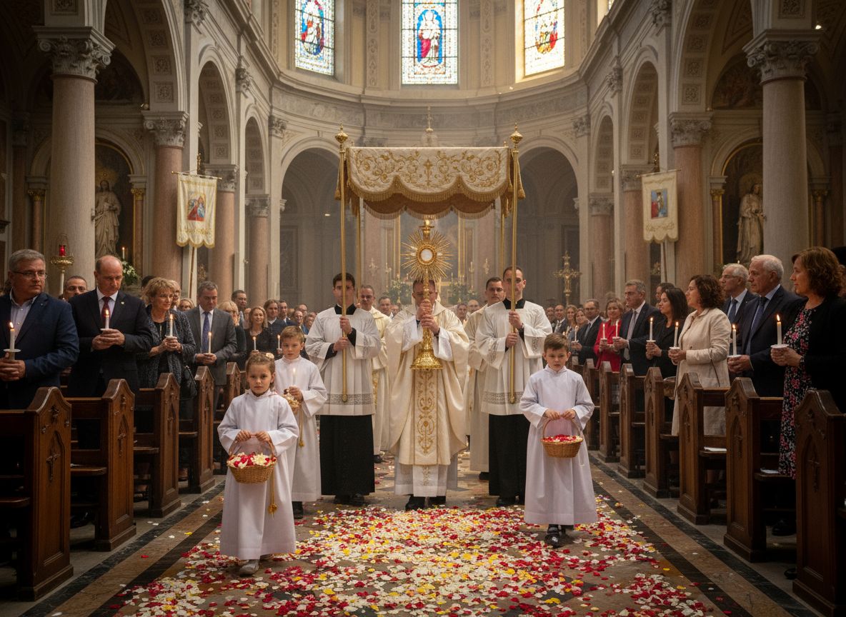 Corpus Christi procession in Catholic church priest carrying