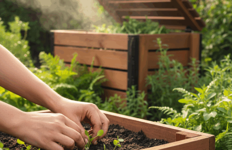 Mãos cuidando de mudas verdes em uma horta caseira, com uma composteira ao fundo, simbolizando a integração da horta e compostagem.