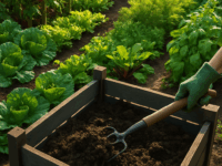 Uma horta exuberante com composteira em casa, demonstrando os benefícios da **horta e compostagem** para alimentos frescos e solo rico.