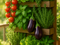 Uma linda horta orgânica vertical e vibrante com diversos vegetais frescos, ervas aromáticas e flores comestíveis, em um ambiente ensolarado e acolhedor, perfeita para inspirar a criação de hortas caseiras.