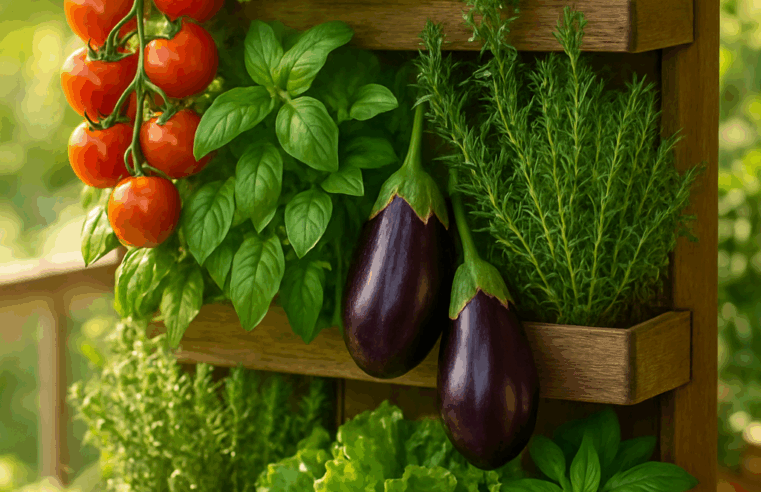 Uma linda horta orgânica vertical e vibrante com diversos vegetais frescos, ervas aromáticas e flores comestíveis, em um ambiente ensolarado e acolhedor, perfeita para inspirar a criação de hortas caseiras.