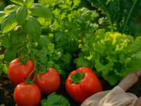 Imagem vibrante de hortas caseiras com vegetais e ervas frescas sob a luz do sol, inspirando a jardinagem orgânica.